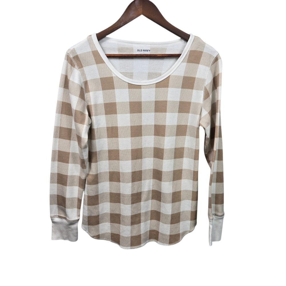 Old Navy Thermal LS Top Neutral Plaid Long Sleeve Shirt Womens Size L